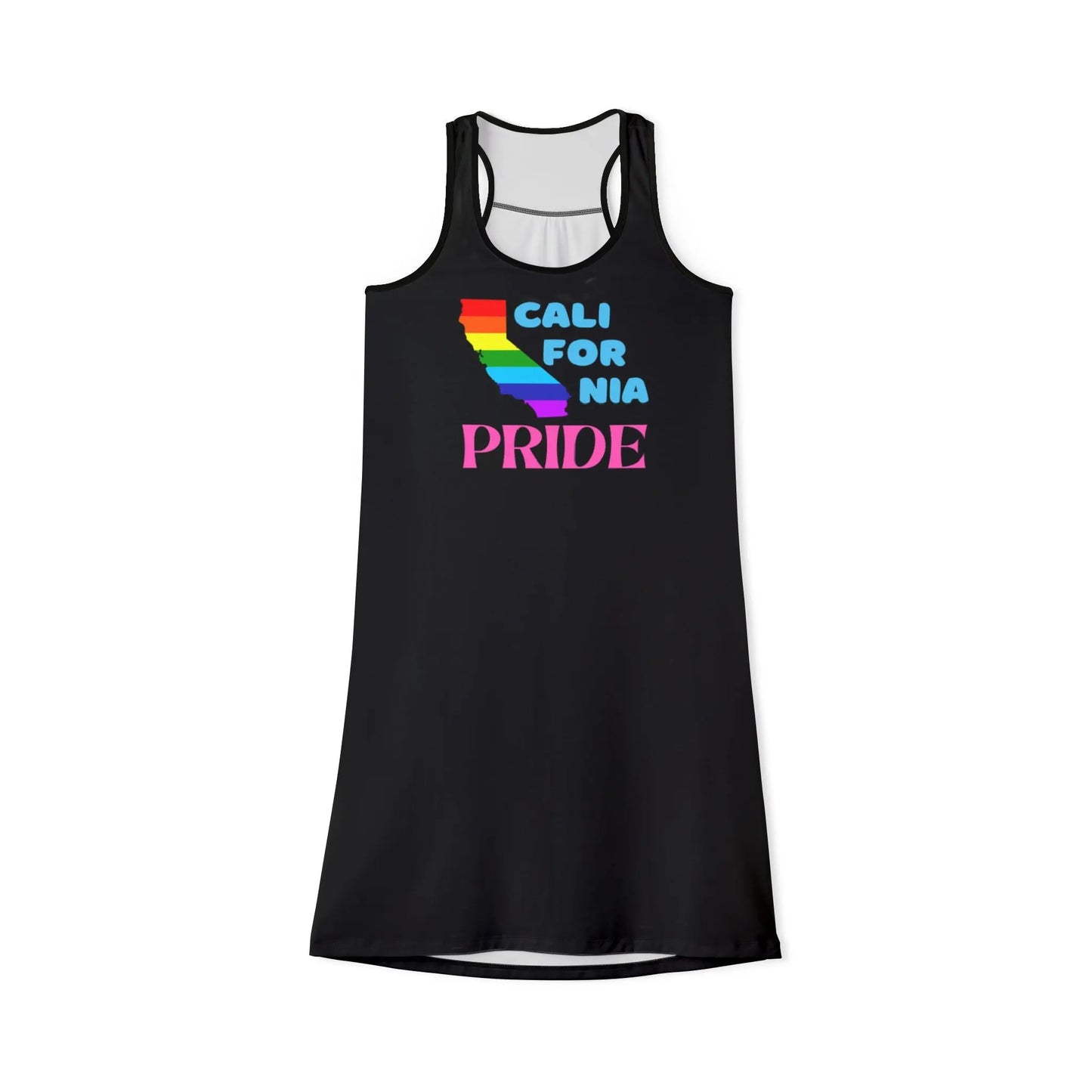A black sleeveless dress with 'CALIFORNIA PRIDE' text in rainbow colors on the front.