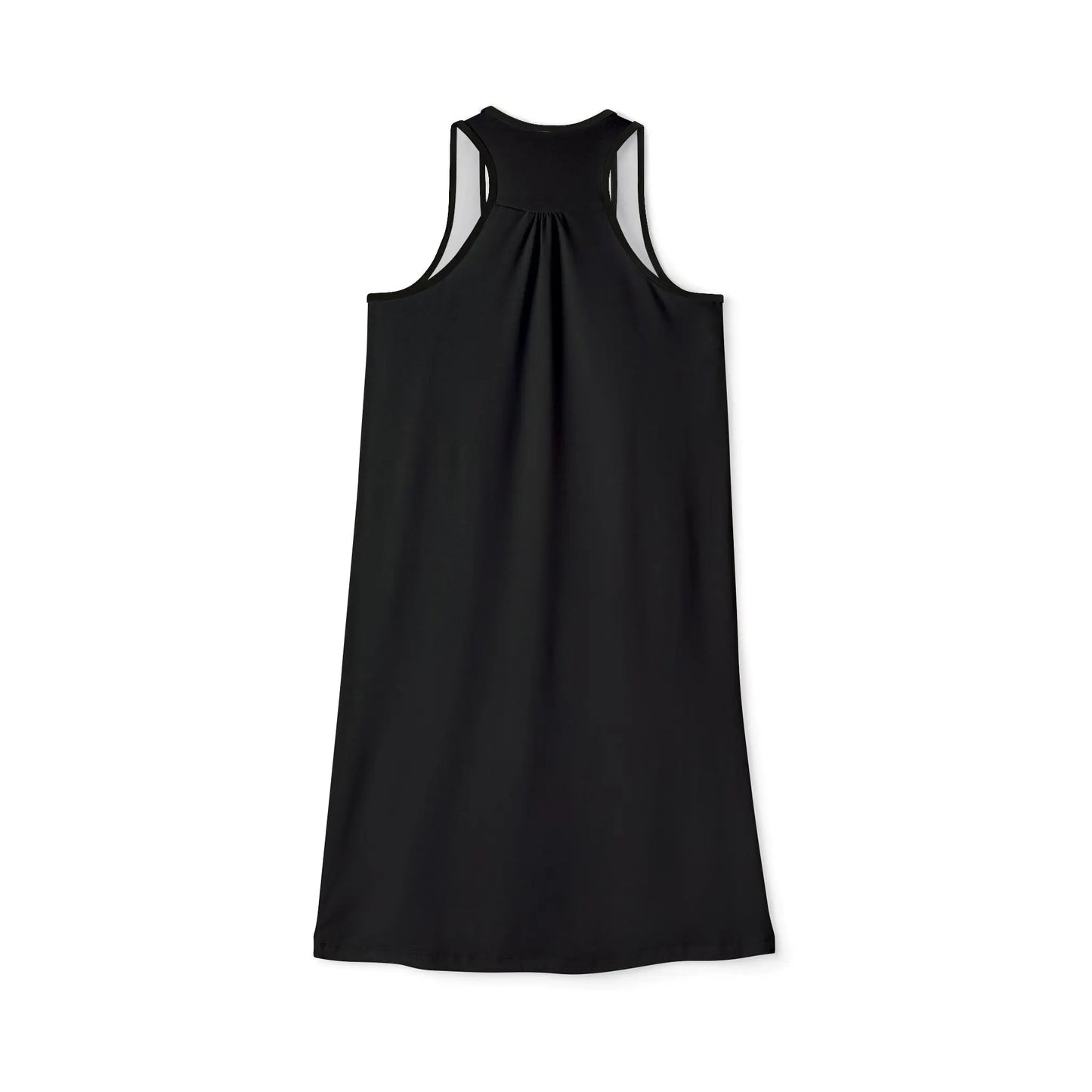 Back view of a black sleeveless dress with 'CALIFORNIA PRIDE' text in rainbow colors on the front.