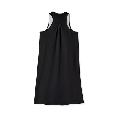 Back view of a black sleeveless dress with 'CALIFORNIA PRIDE' text in rainbow colors on the front.