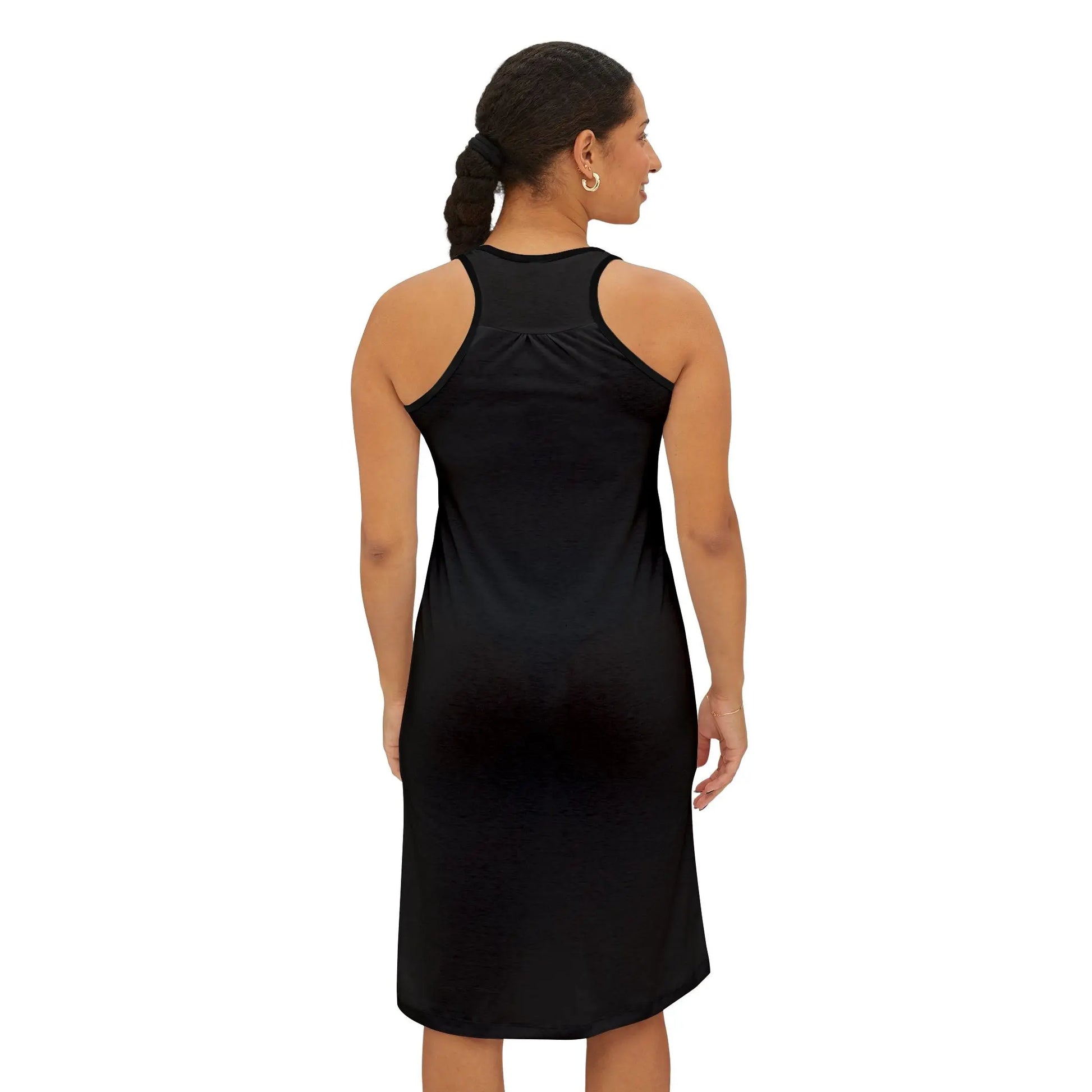 Back view of a woman wearing a black sleeveless dress with 'CALIFORNIA PRIDE' text in rainbow colors on the front.