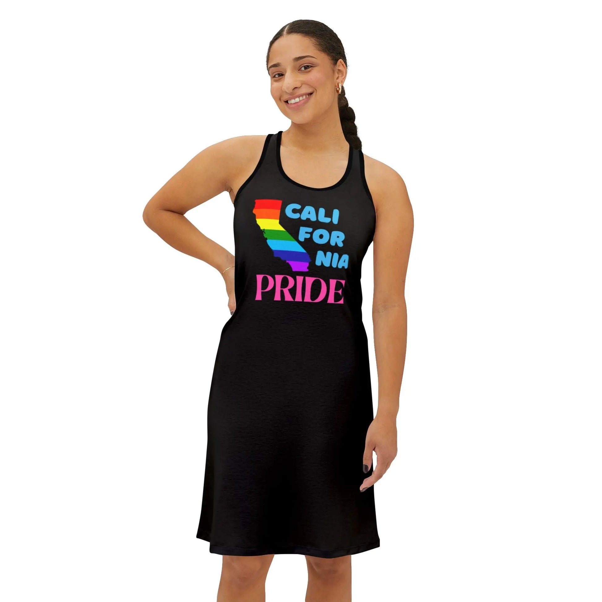 A woman smiling and wearing a black sleeveless dress with 'CALIFORNIA PRIDE' text in rainbow colors on the front.