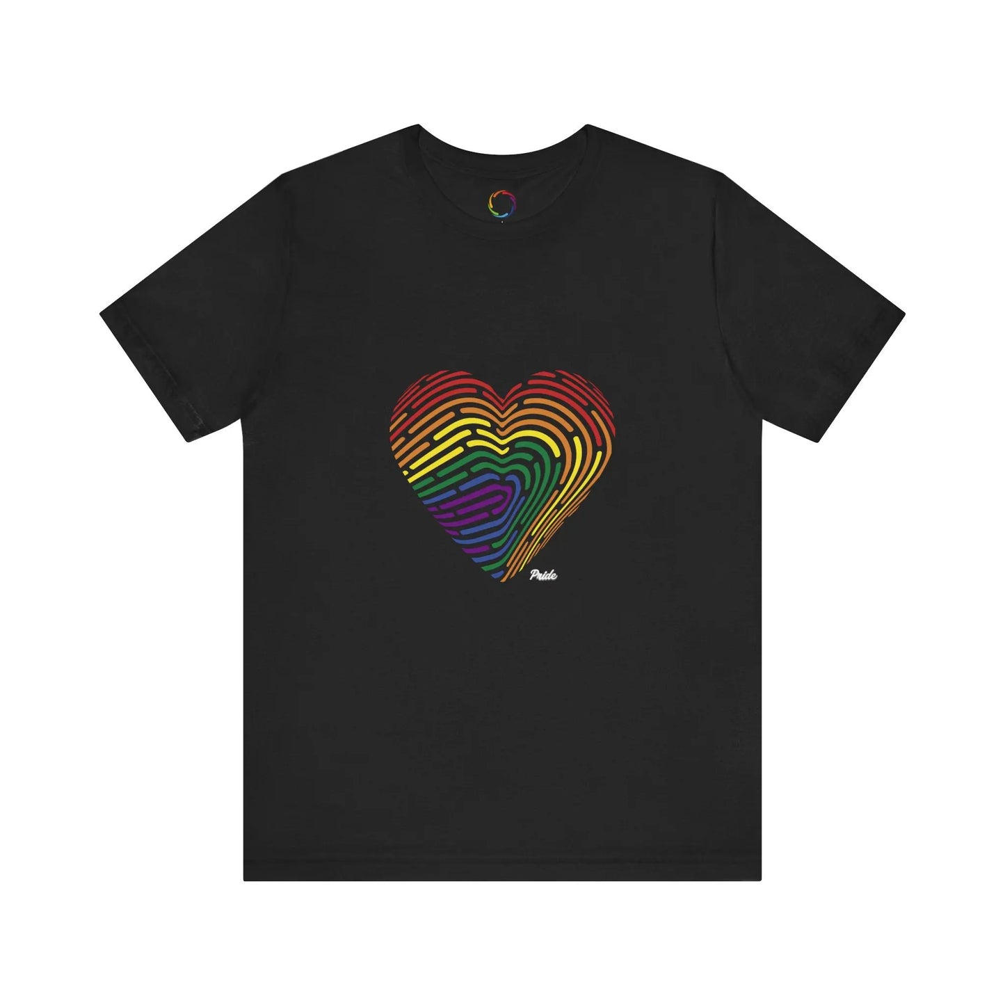 Black t-shirt with a rainbow fingerprint heart design on a white background