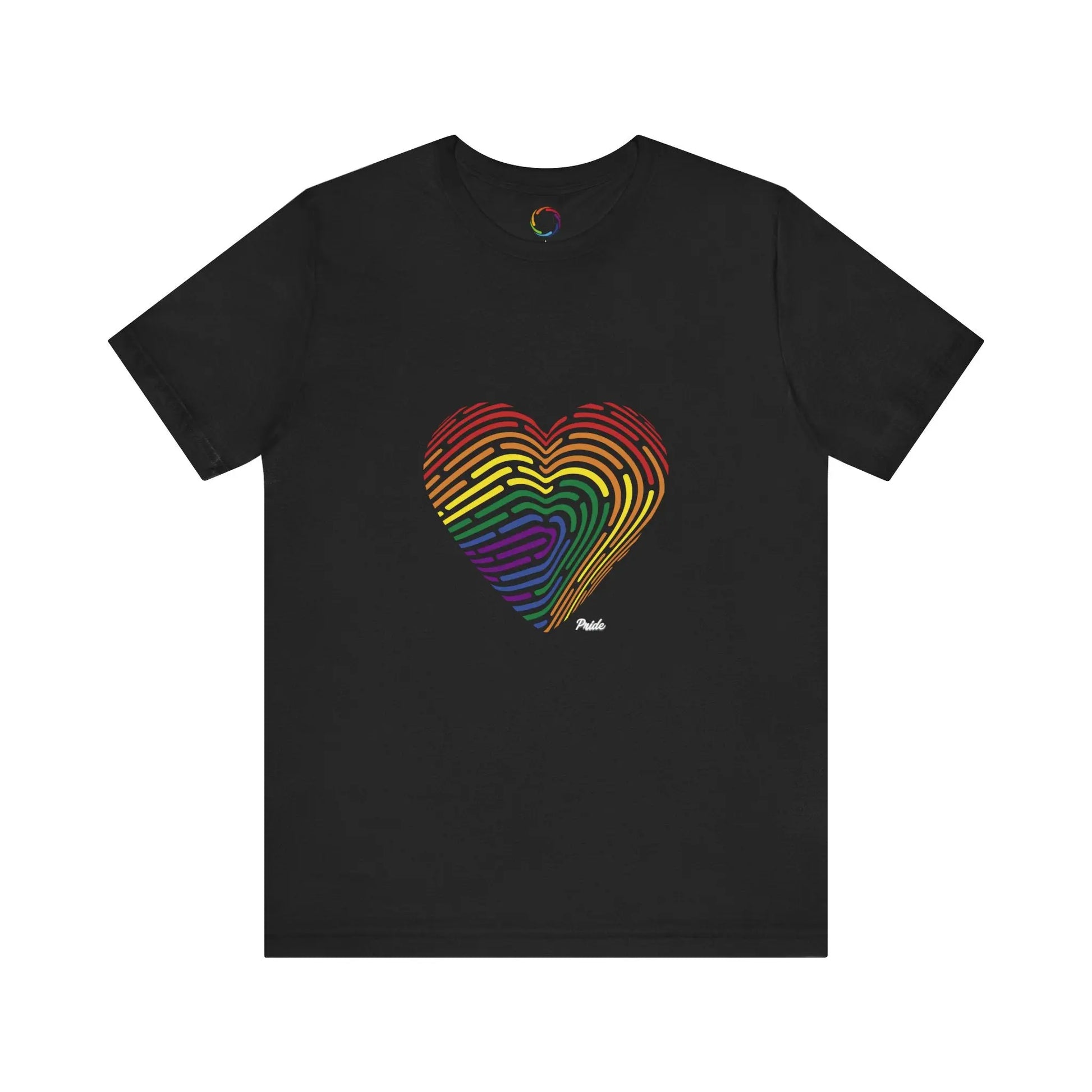 Black t-shirt with a rainbow fingerprint heart design on a white background