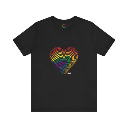 Black t-shirt with a rainbow fingerprint heart design on a white background