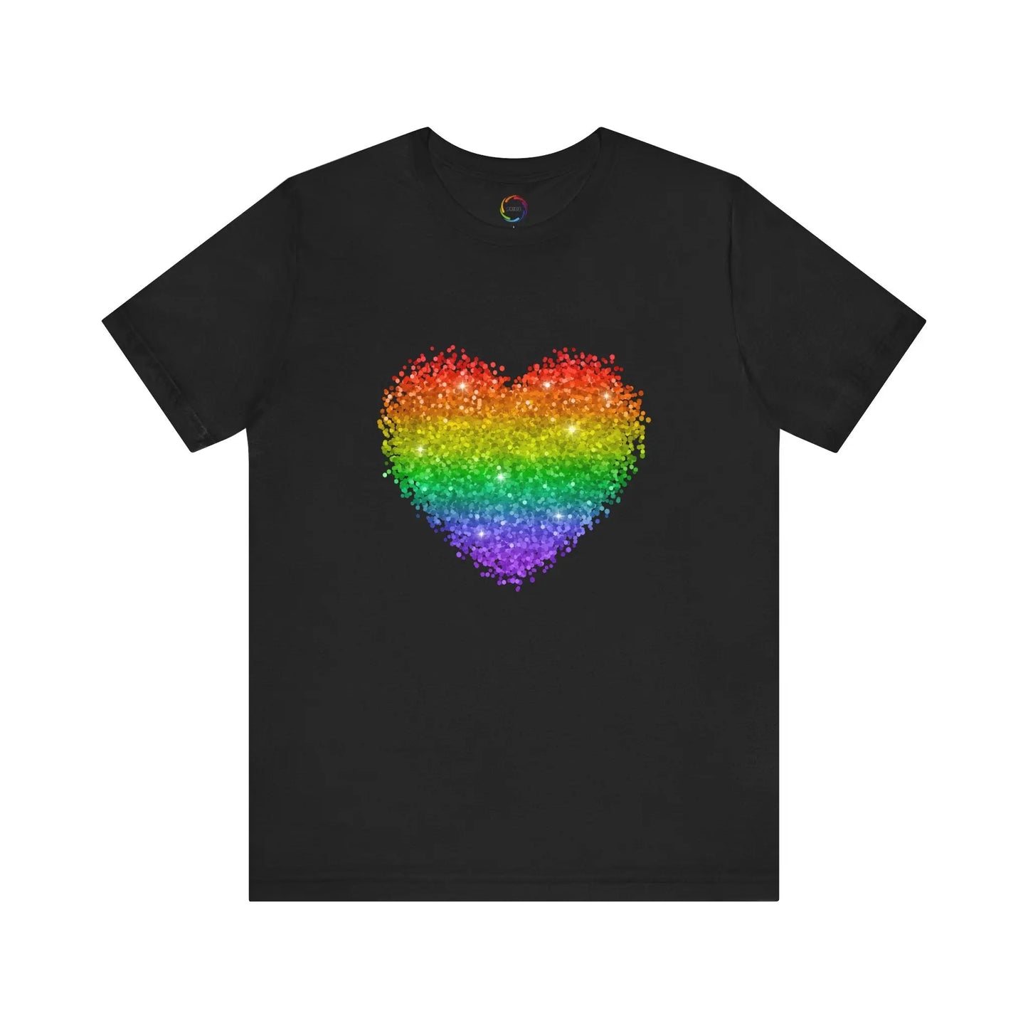 A black t-shirt with a glitter rainbow heart design.