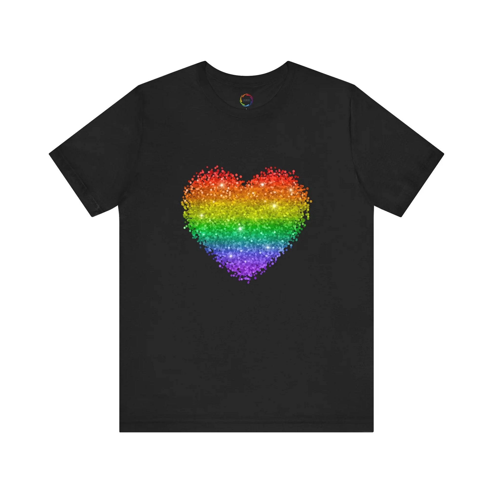 A black t-shirt with a glitter rainbow heart design.