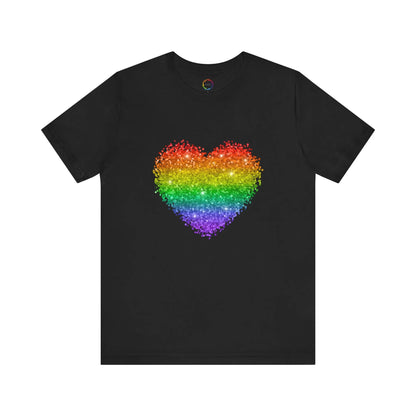 A black t-shirt with a glitter rainbow heart design.