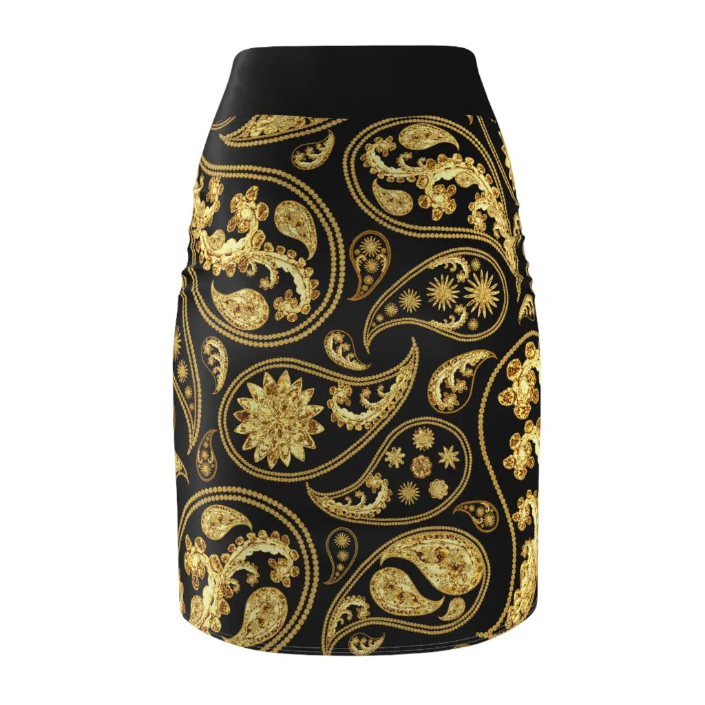 Back view of a black skirt with gold paisley pattern on a white background