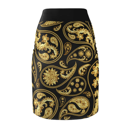 Back view of a black skirt with gold paisley pattern on a white background