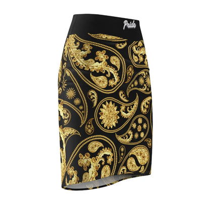Side view of a black skirt with gold paisley pattern on a white background.