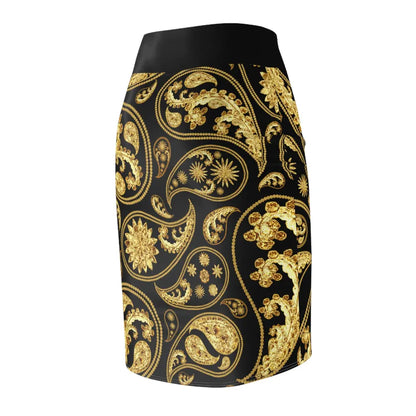 Side view of a black skirt with gold paisley pattern on a white background