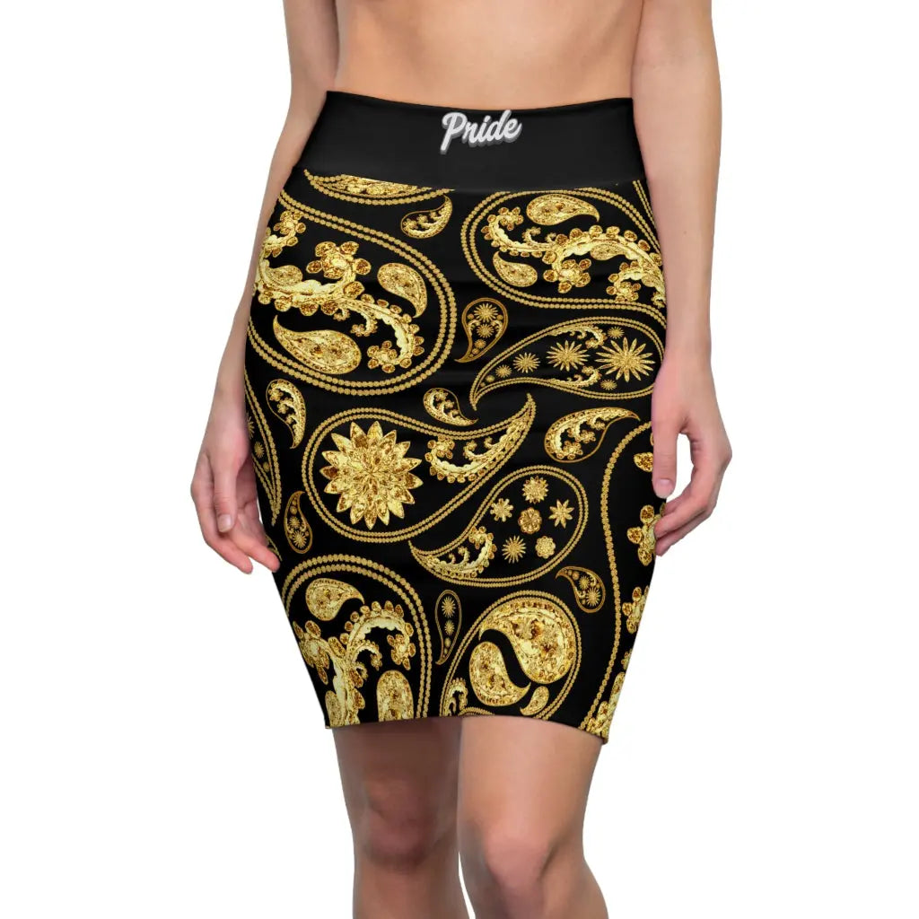 Black PRIDE skirt with gold paisley pattern worn by a model.