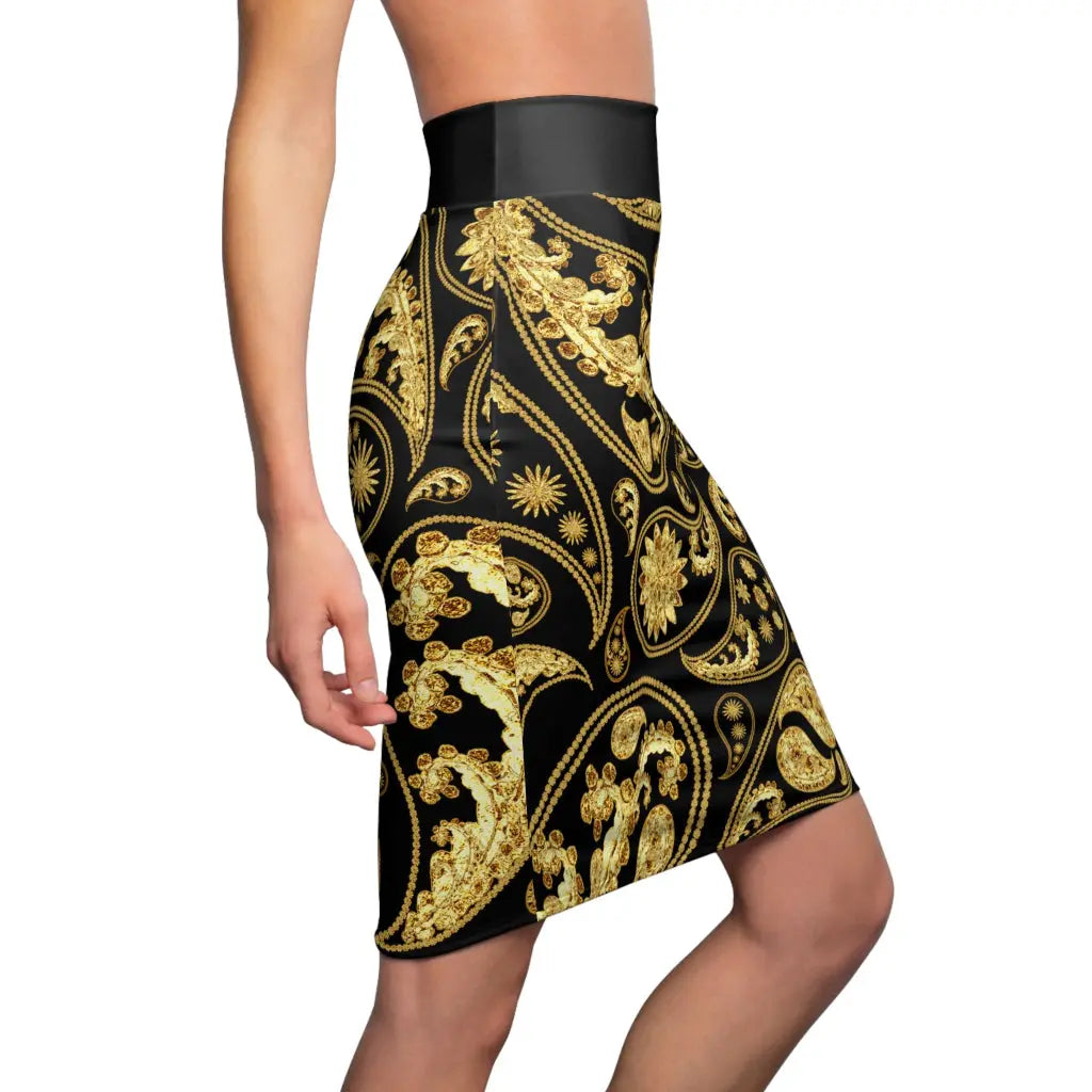 Gold paisley pattern on a black background skirt.