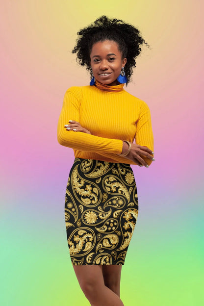 Person wearing a yellow sweater and patterned skirt on a colorful background
