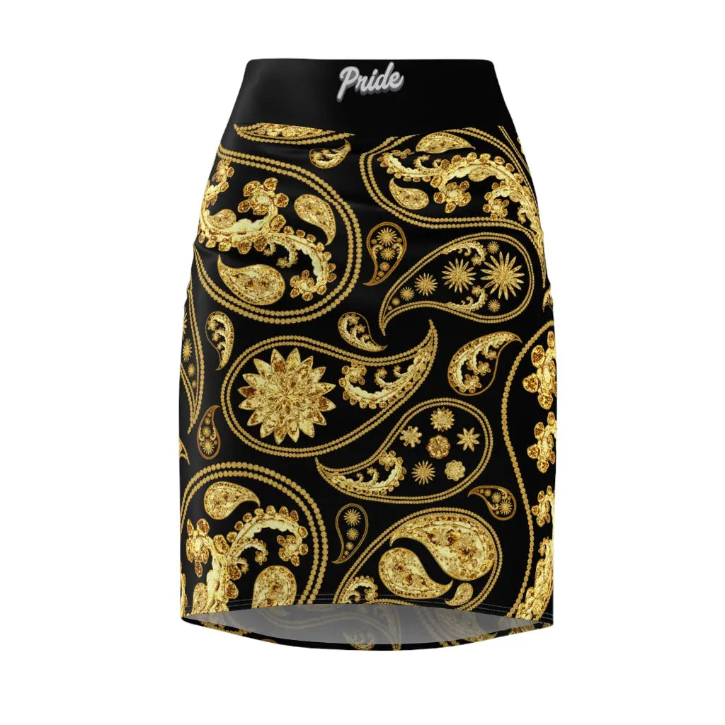 A gold paisley print pencil skirt with a mid-waist fit, displayed on a white background.