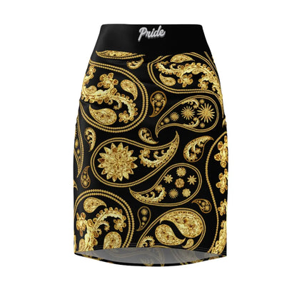 A gold paisley print pencil skirt with a mid-waist fit, displayed on a white background.