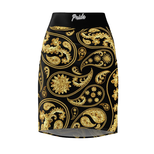 A gold paisley print pencil skirt with a mid-waist fit, displayed on a white background.