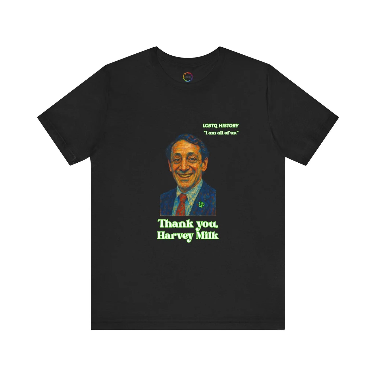 Black t-shirt with a graphic of Harvey Milk and text on a white background