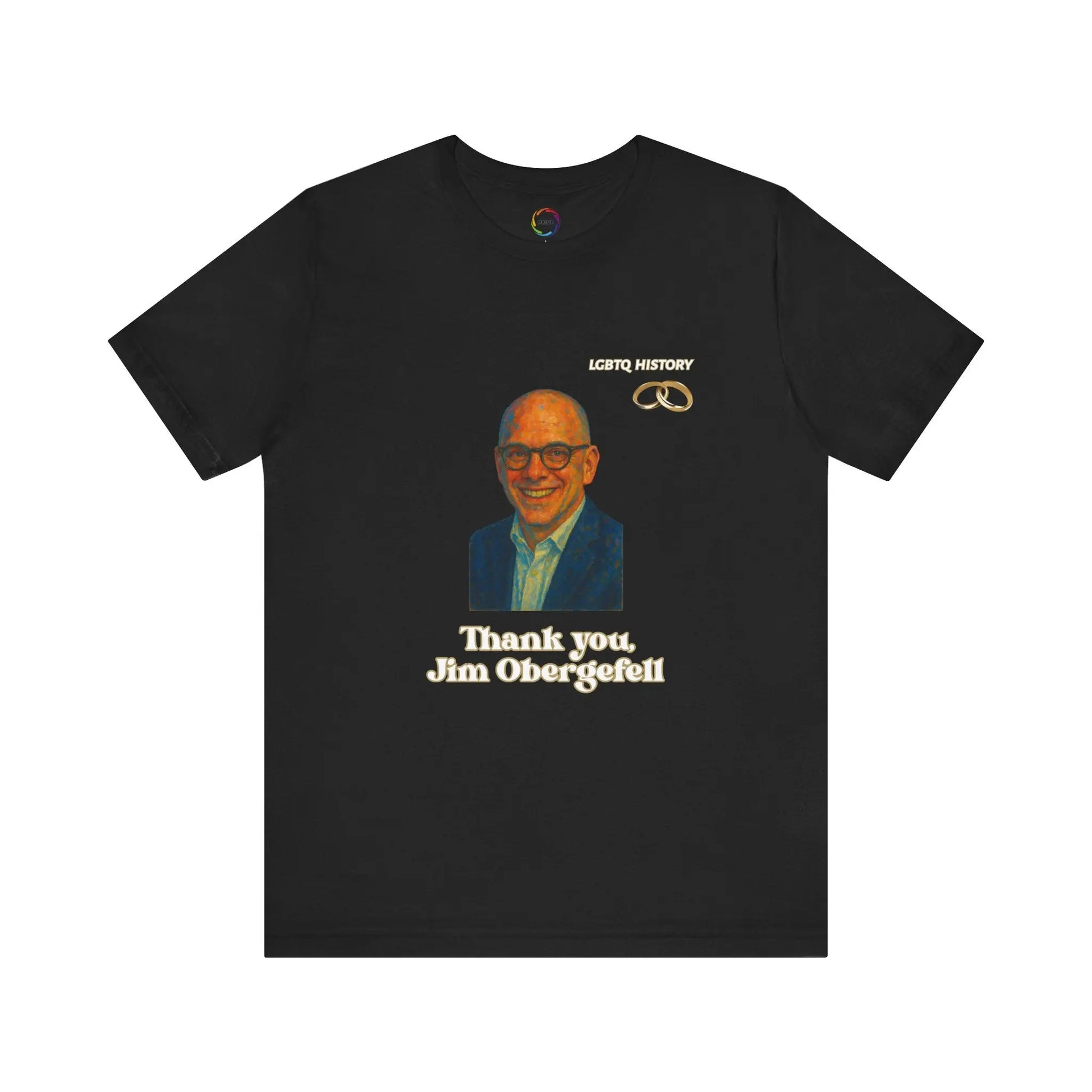 Black t-shirt with a graphic of Jim Obergefell and text on a white background
