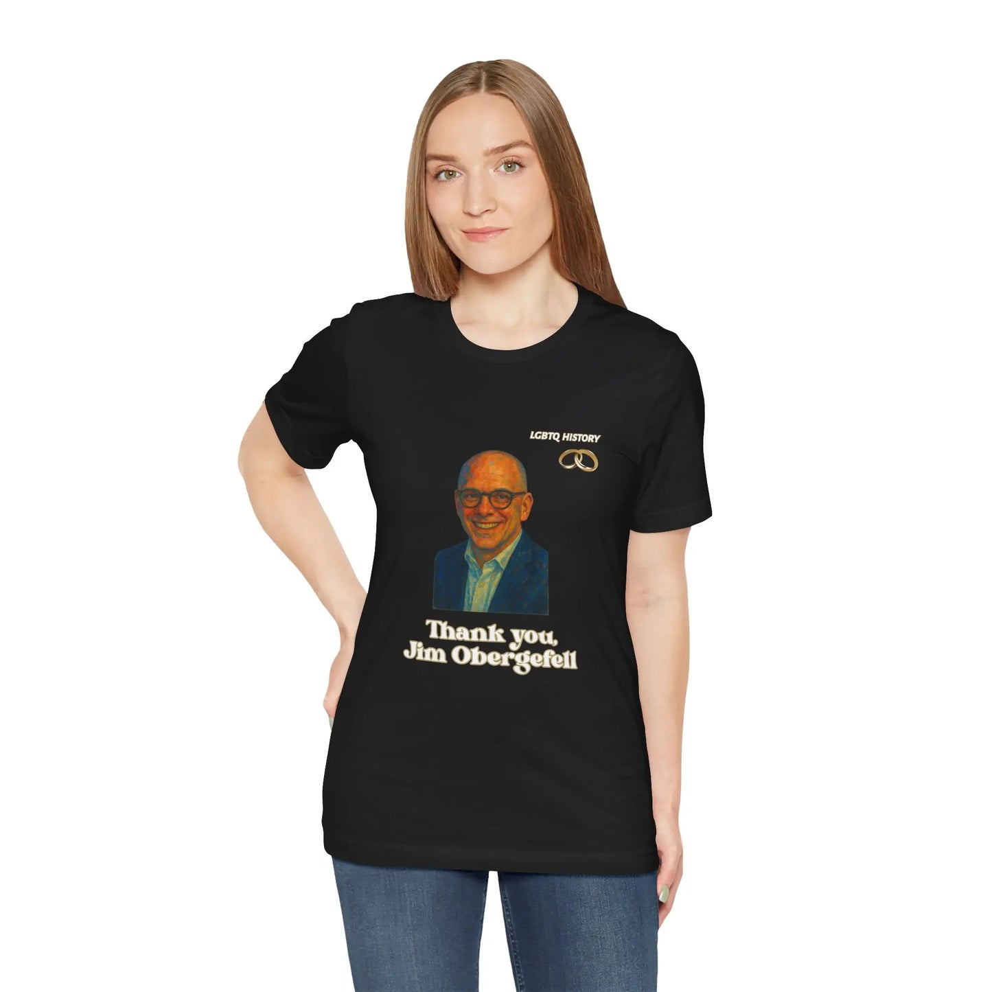 Person wearing a black t-shirt with a Jim Obergefell graphic and text on a white background
