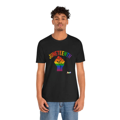 Person wearing a black t-shirt with 'Juneteenth' and rainbow fist design on a white background