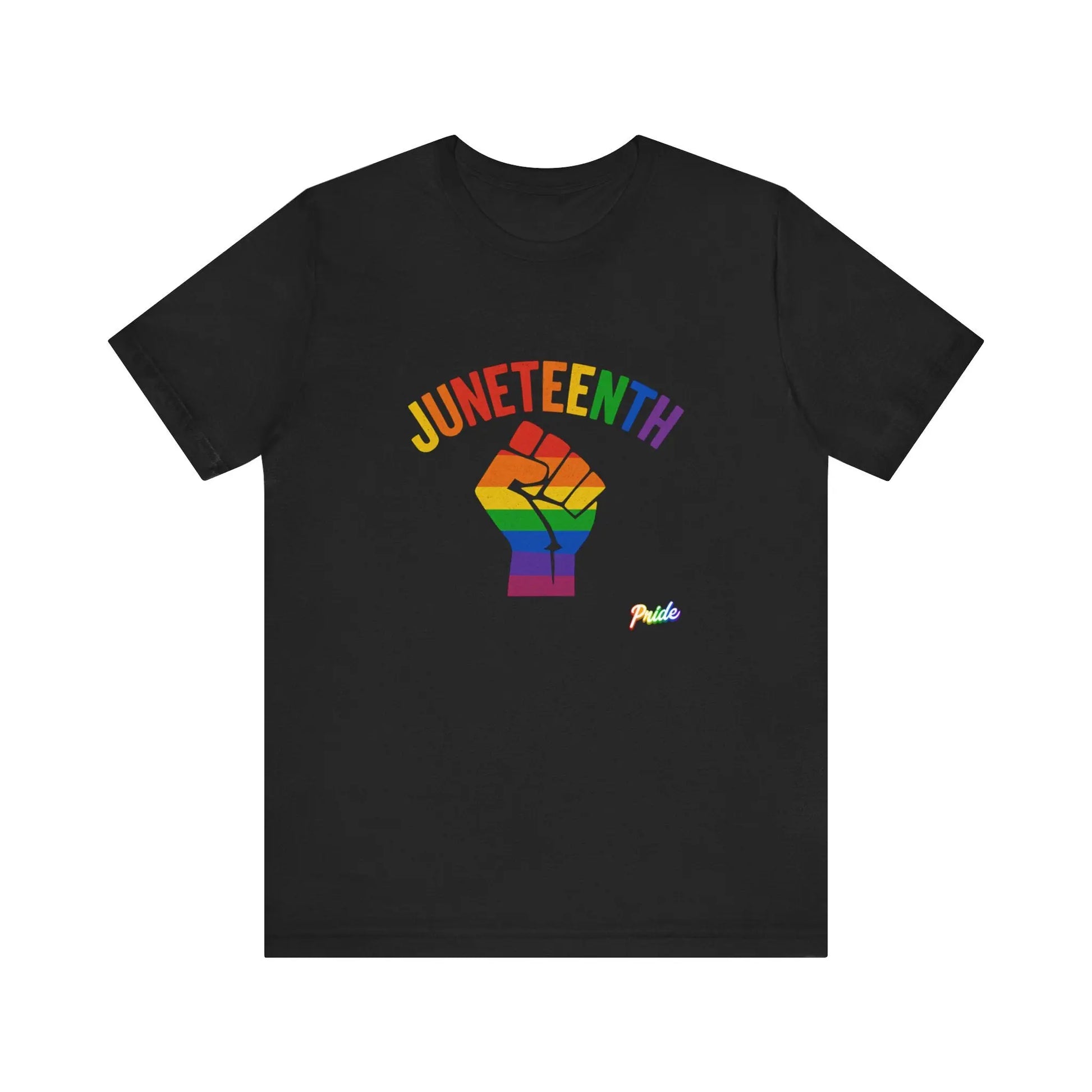 Black t-shirt with rainbow fist graphic and 'Juneteenth Pride' text on a white background