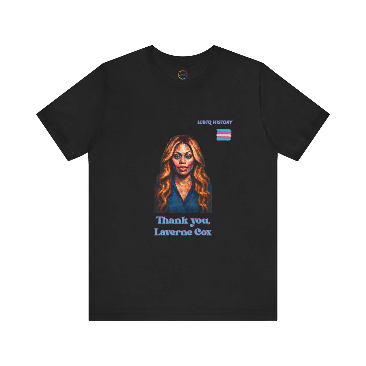 Black t-shirt with a graphic of Laverne Cox and text on a white background