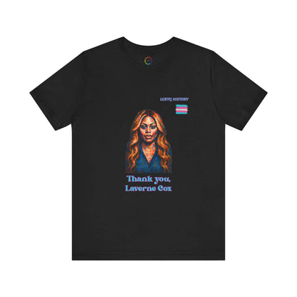 Black t-shirt with a graphic of Laverne Cox and text on a white background