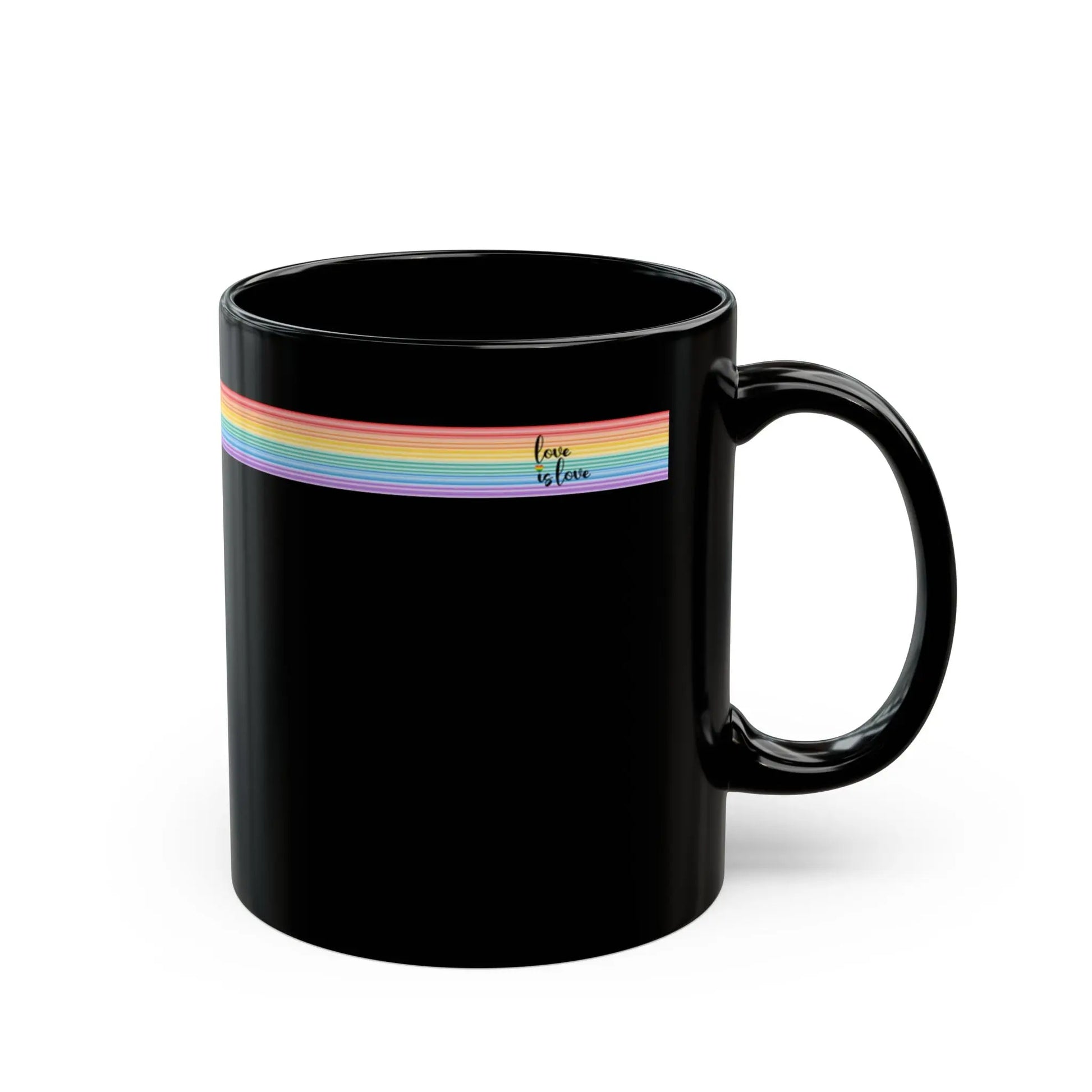 Black mug with rainbow band and 'love is love' text on a white background