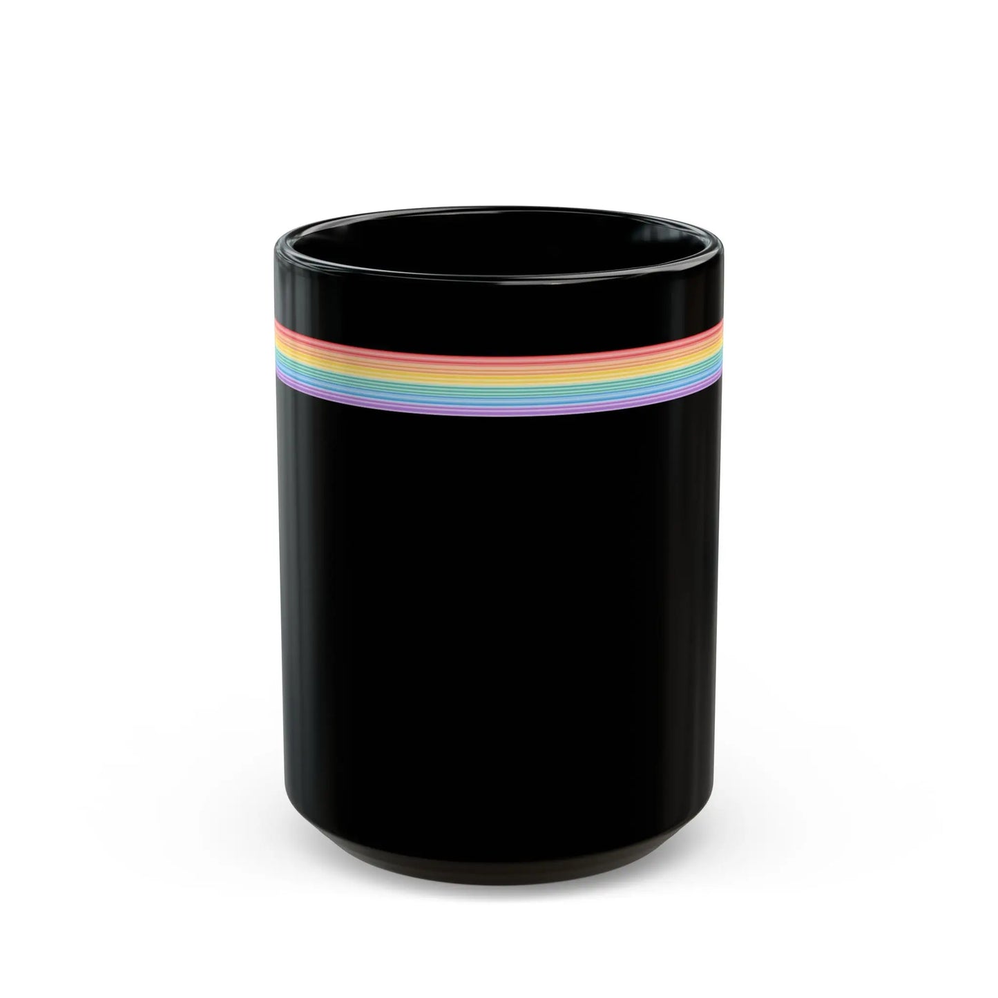 Black mug with rainbow stripes on a white background