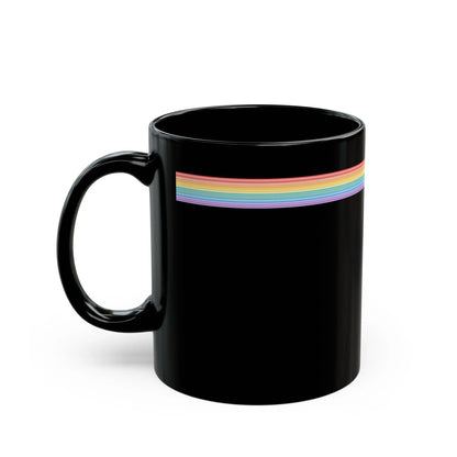Black mug with a rainbow stripe on a white background