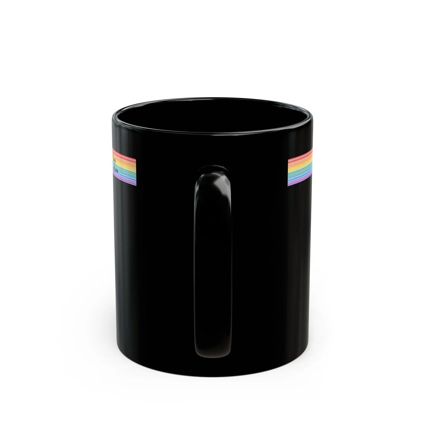 Black mug with rainbow stripes on a white background