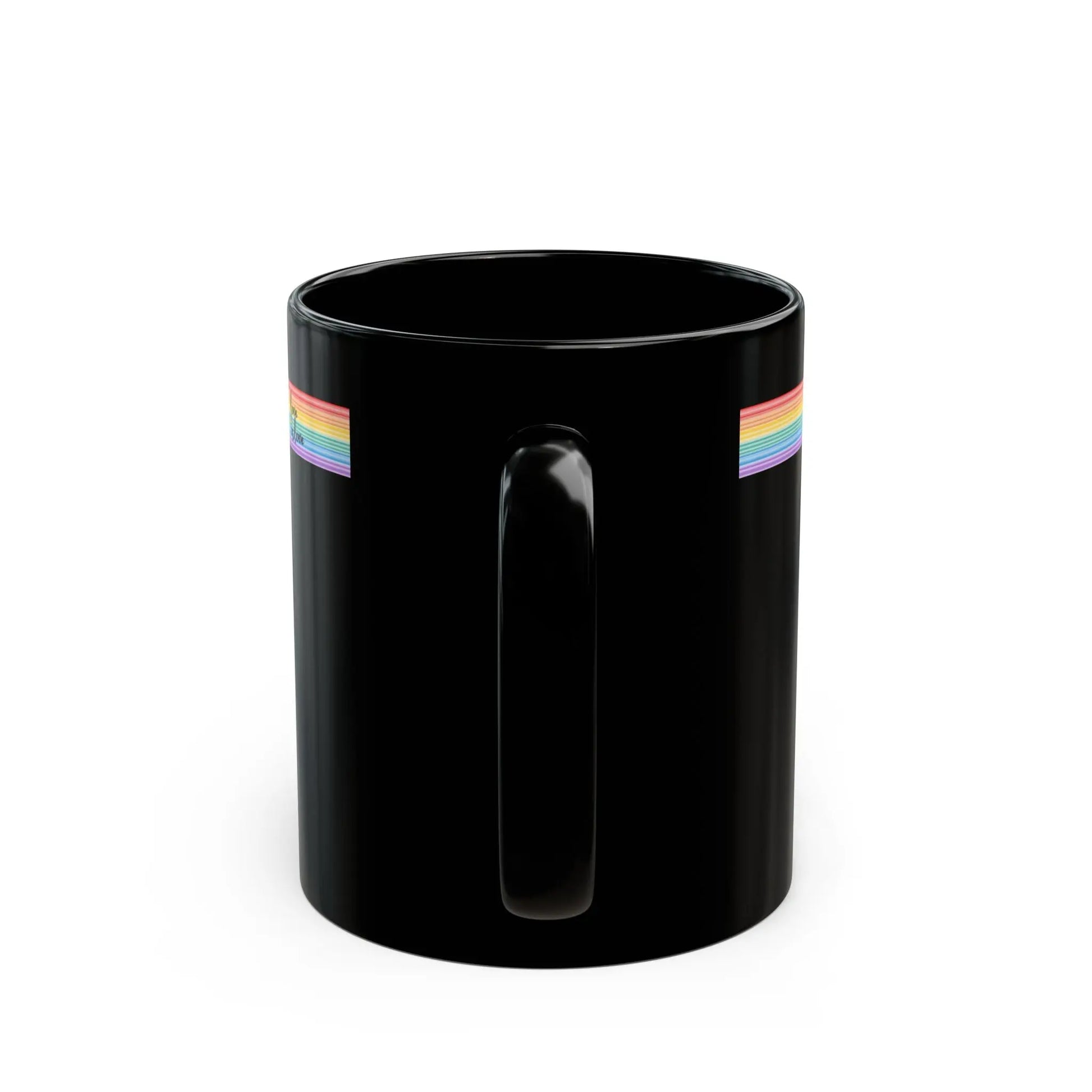 Black mug with rainbow stripes on a white background
