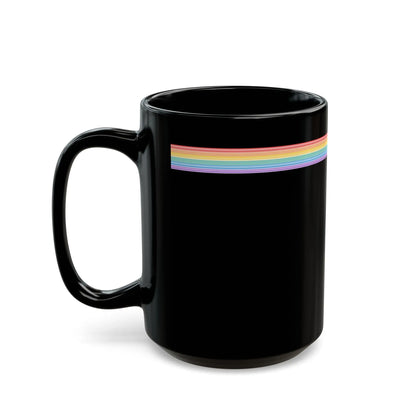 Black mug with a rainbow stripe design on a white background