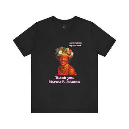 Black t-shirt with a graphic of Marsha P. Johnson with flowers in her hair and text on a white background