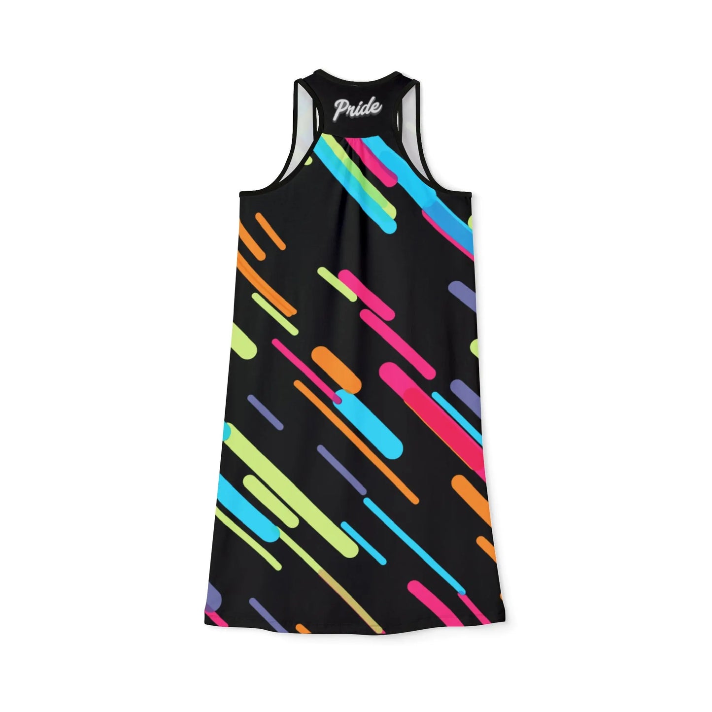 Back view of a sleeveless, high-cut dress with vibrant multicolored geometric patterns on a black background, designed for casual outings such as parties and clubs.