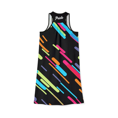 Back view of a sleeveless, high-cut dress with vibrant multicolored geometric patterns on a black background, designed for casual outings such as parties and clubs.