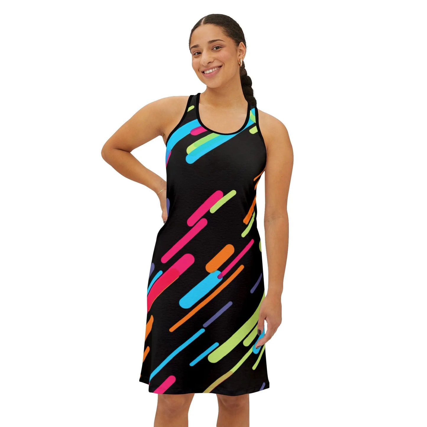 Woman wearing a sleeveless, high-cut dress with vibrant multicolored geometric patterns on a black background, designed for casual outings such as parties and clubs.