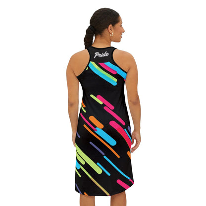 Back view of a woman wearing a sleeveless, high-cut dress with vibrant multicolored geometric patterns on a black background, designed for casual outings such as parties and clubs.
