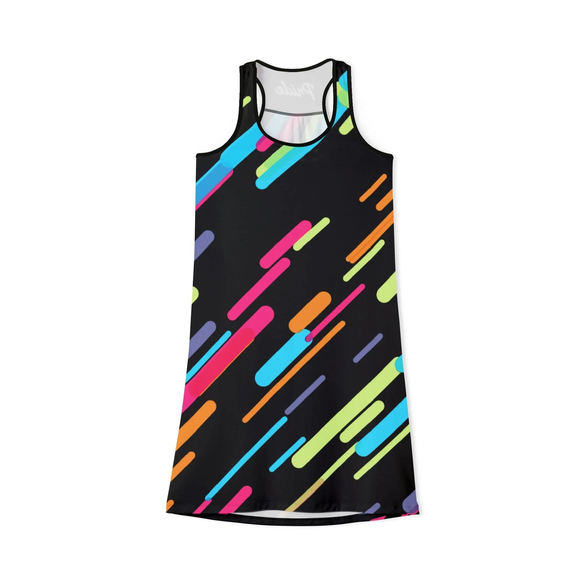 A sleeveless, high-cut dress with vibrant multicolored geometric patterns on a black background, designed for casual outings such as parties and clubs.