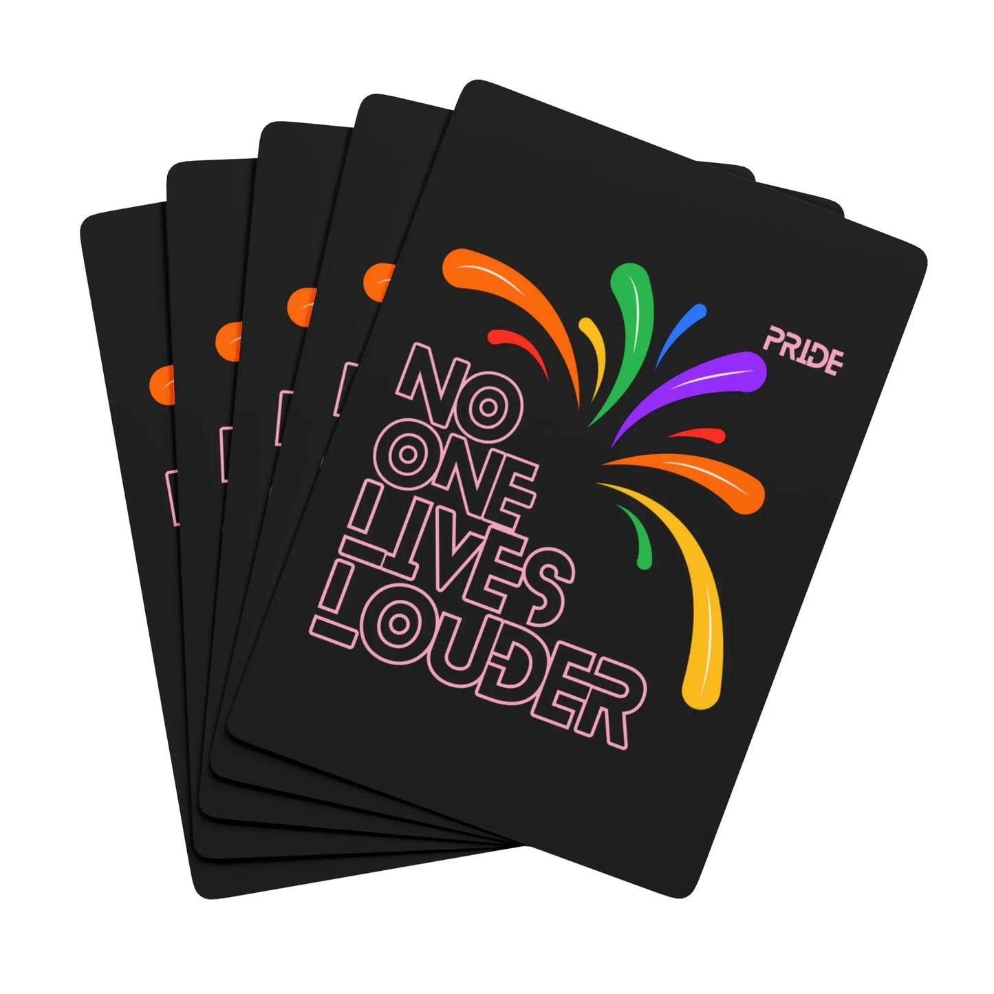 Black playing cards with colorful text and 'Pride' logo on a white background