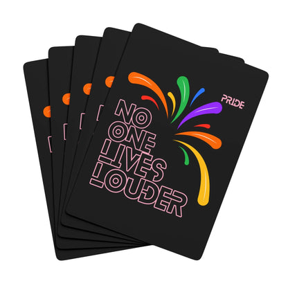 Black playing cards with colorful text and 'Pride' logo on a white background