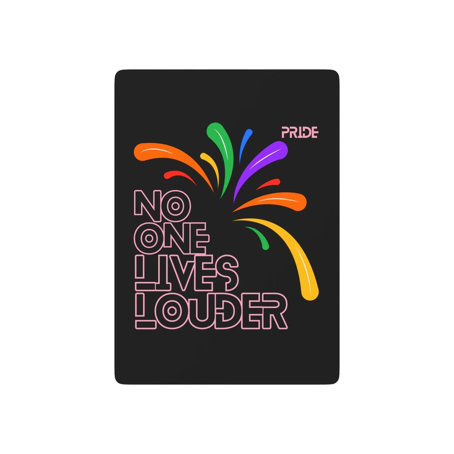 Black playing card with colorful design and 'PRIDE' text on a white background