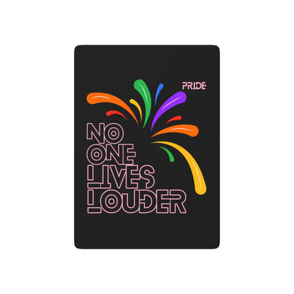 Black playing card with colorful design and 'PRIDE' text on a white background