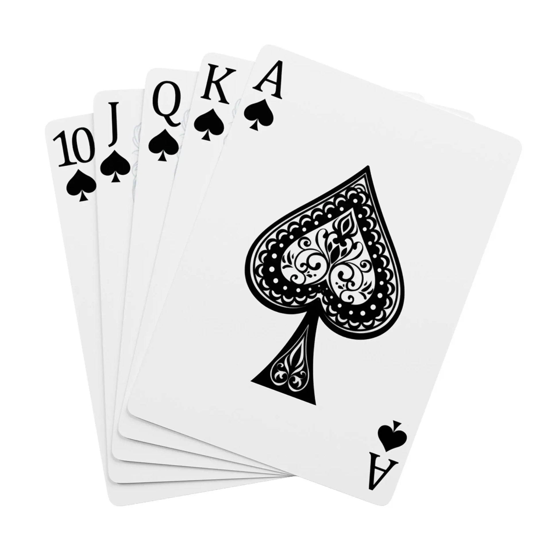 Five playing cards showing 10, Jack, Queen, King, and Ace of Spades on a white background.