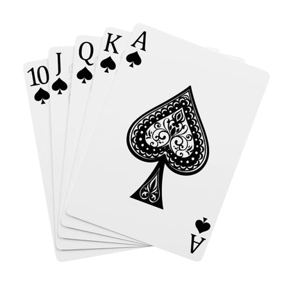 Five playing cards showing 10, Jack, Queen, King, and Ace of Spades on a white background.