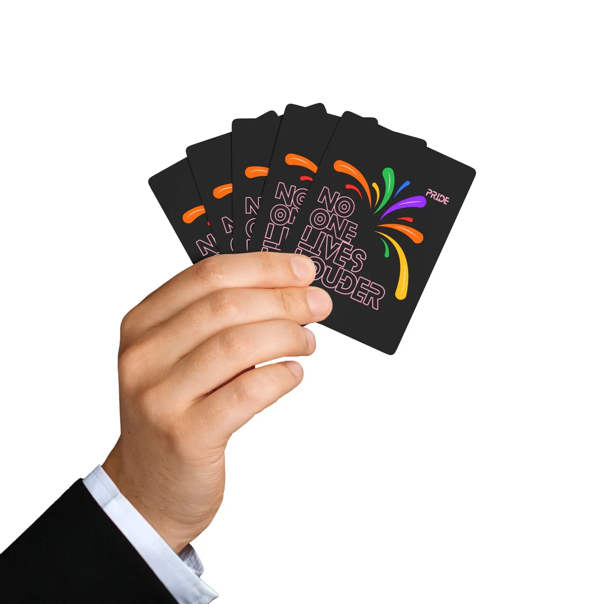 Hand holding a set of black cards with colorful text and 'Pride' branding.