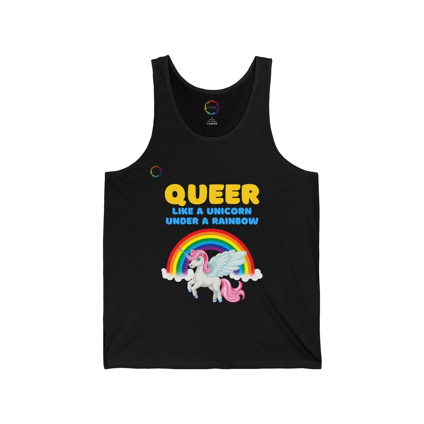 Black unisex jersey tank top with a colorful graphic that includes a rainbow and a unicorn, with the text 'QUEER like a unicorn UNDER a rainbow'.