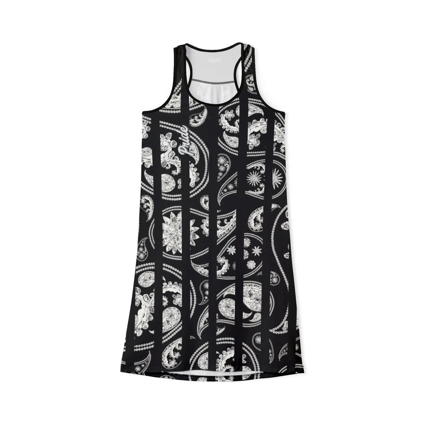 A black and white Worldwide PRIDE racerback dress with a floral pattern.