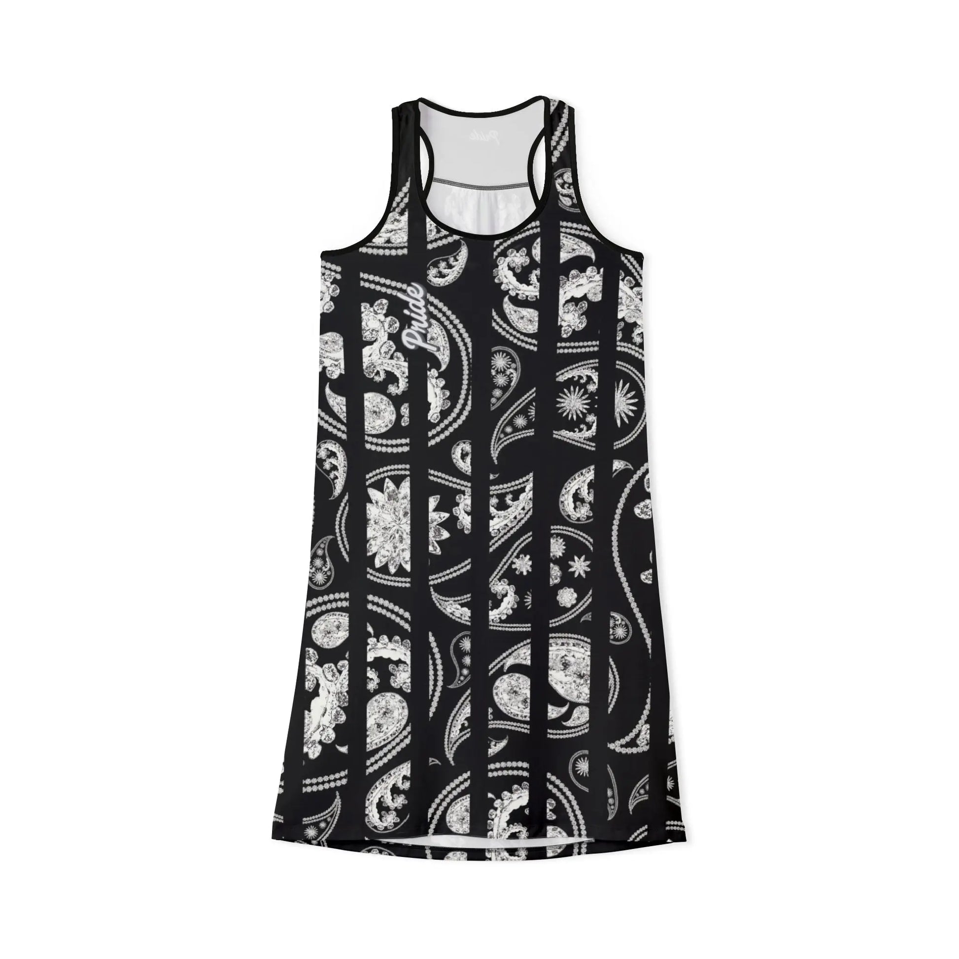 A black and white Worldwide PRIDE racerback dress with a floral pattern.